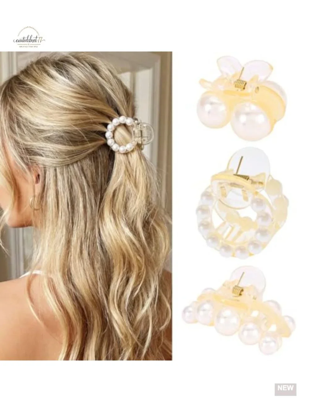 Pearl Claw Clips for Thin Hair - 3 Pack Acrylic Hair Accessories